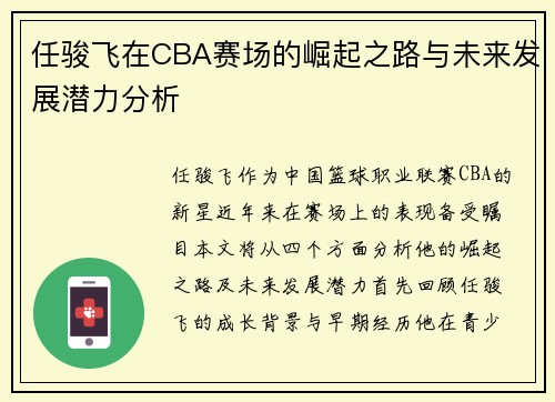 任骏飞在CBA赛场的崛起之路与未来发展潜力分析